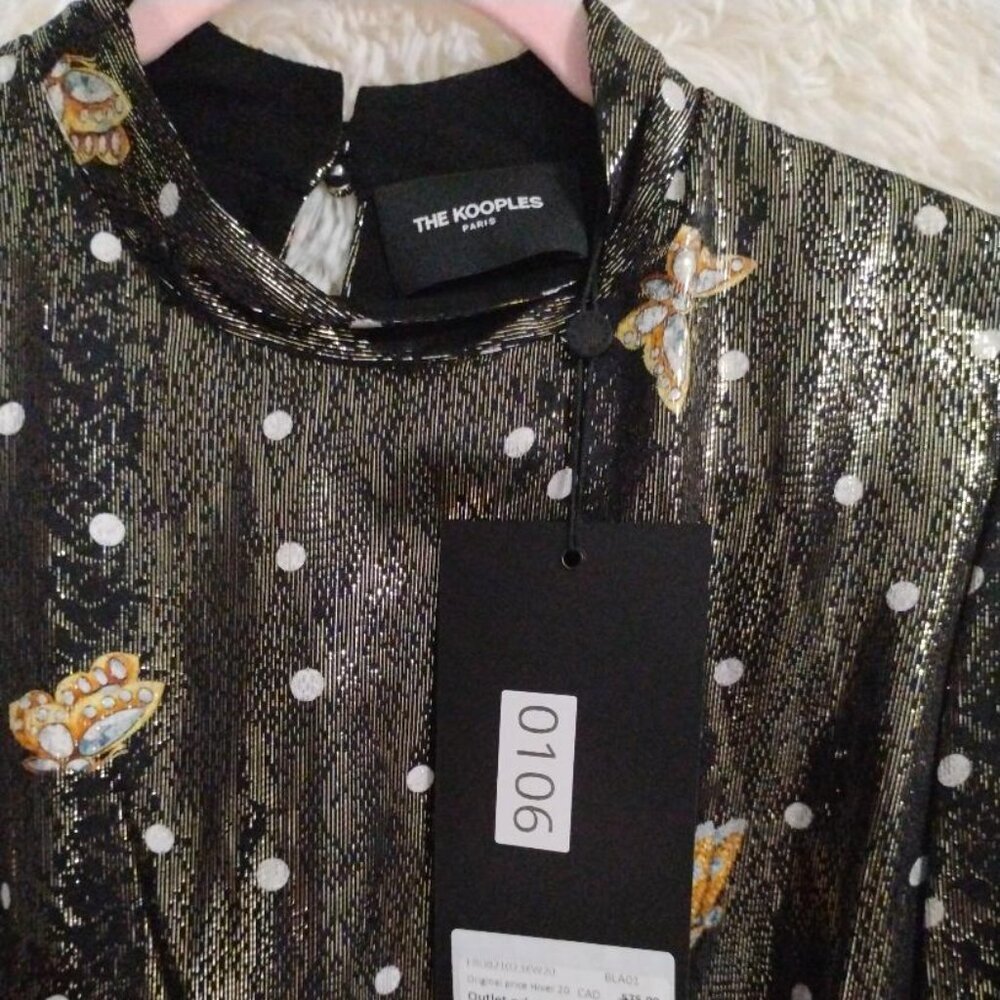 THE KOOPLES Short Silk-Blend Lamé Butterfly Dress Black NWT - Picture 4 of 11